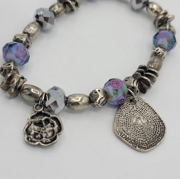 Floral Stretch Bracelet with Silver tone and Glass Beads Vintage - Picture 6 of 7